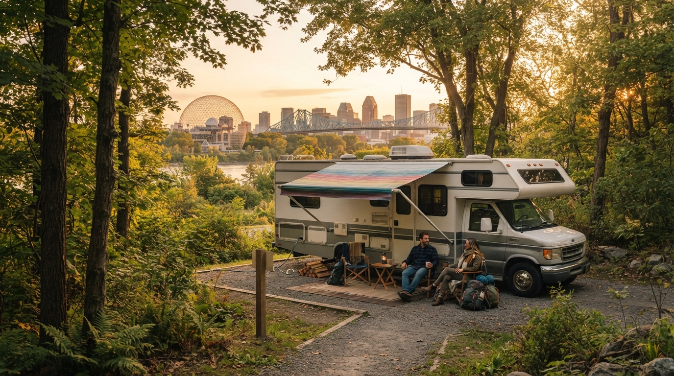 Montreal to Calgary - Maple Leaf Discovery — campground with a motorhome