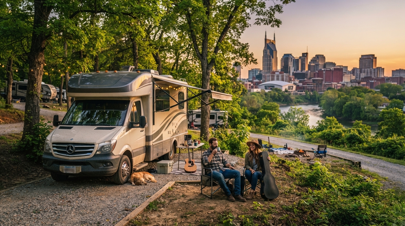 Nashville to Portland along the epic Oregon Trail — campground with a motorhome