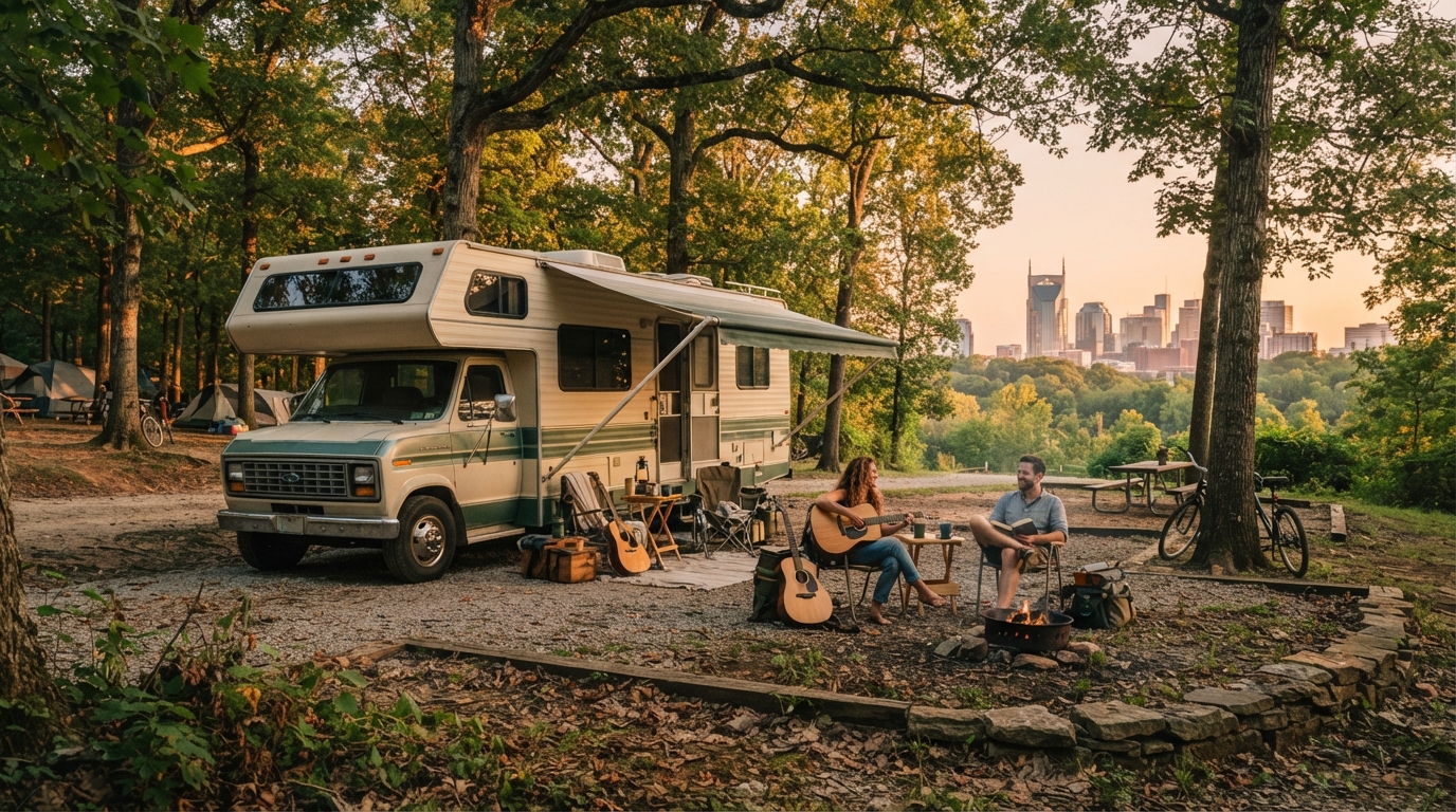 Nashville to Charlotte - Music, Nature, and Adventure — campground with a motorhome