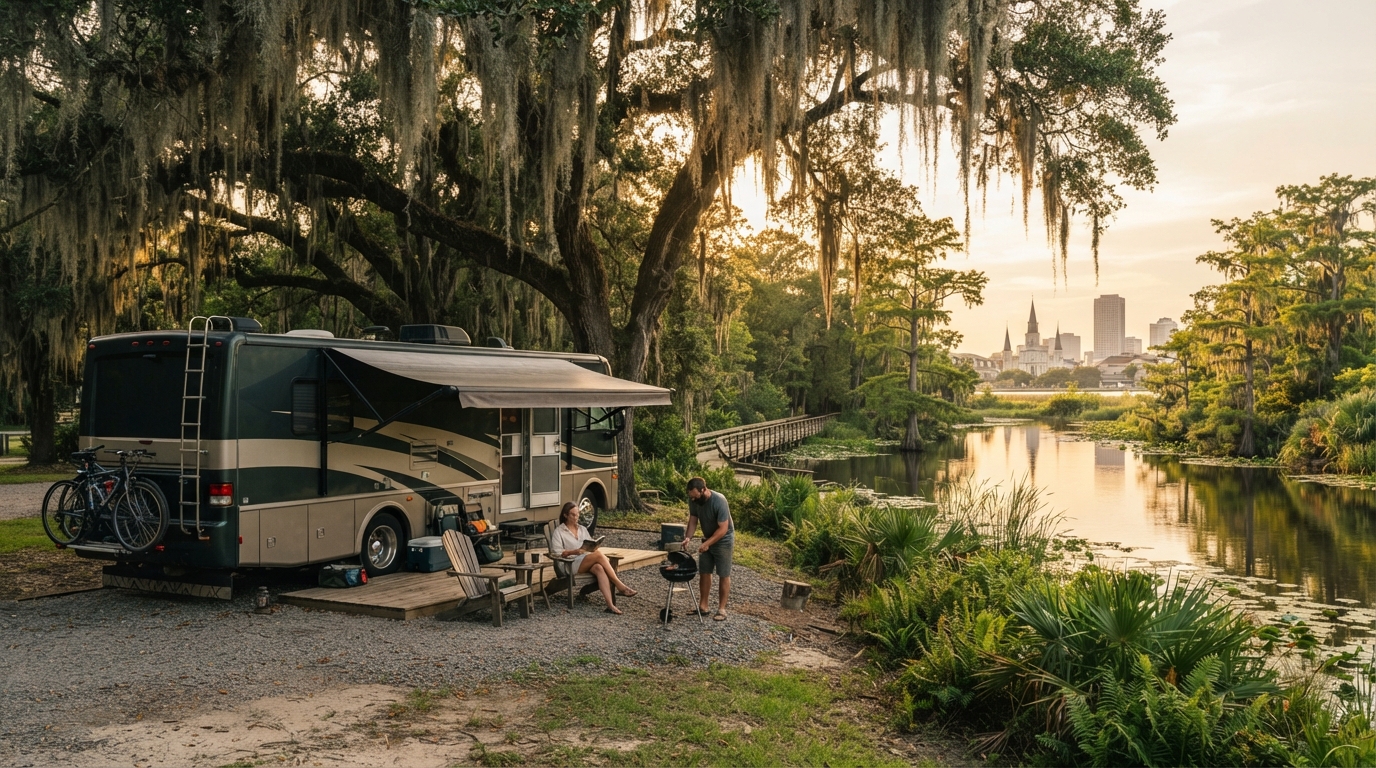 New Orleans to Bozeman — campground with a motorhome