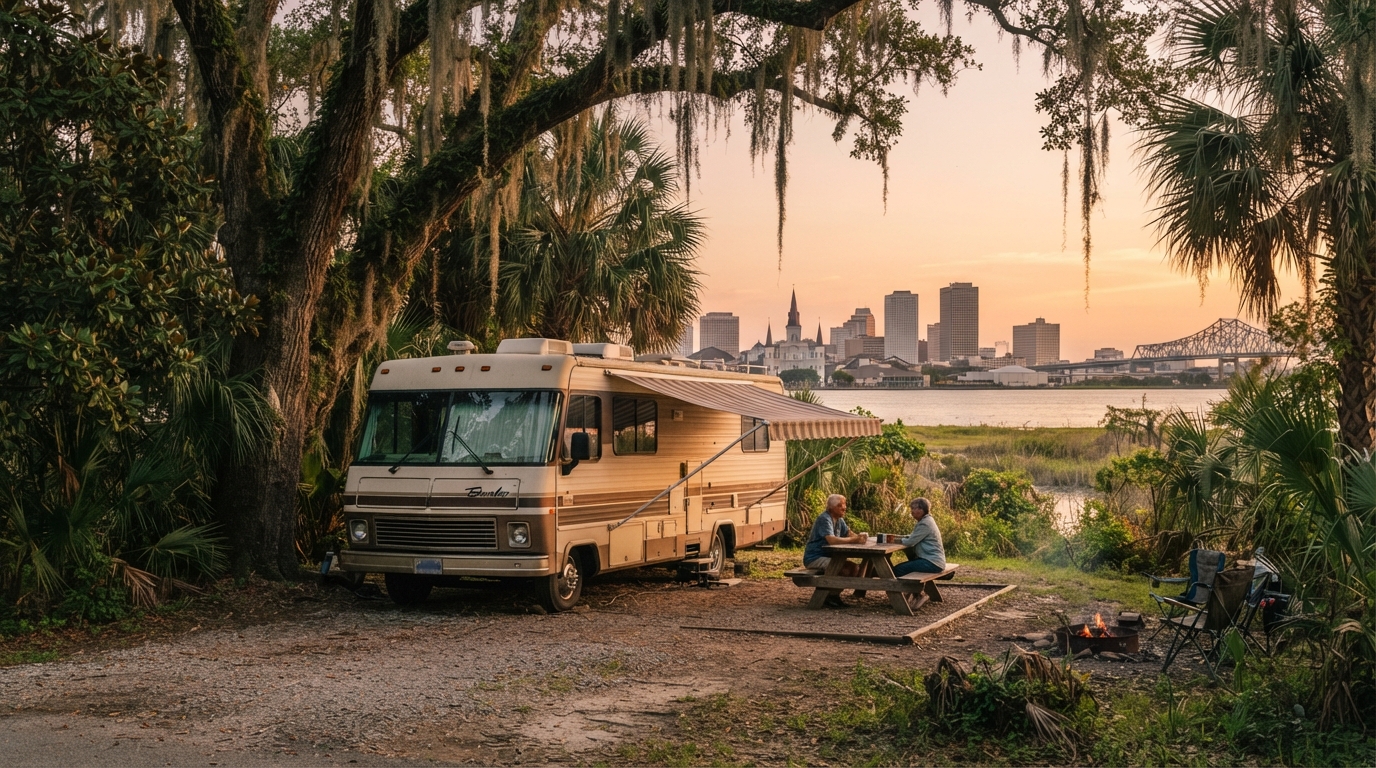 New Orleans roundtrip - Southern States Sojourn — campground with a motorhome
