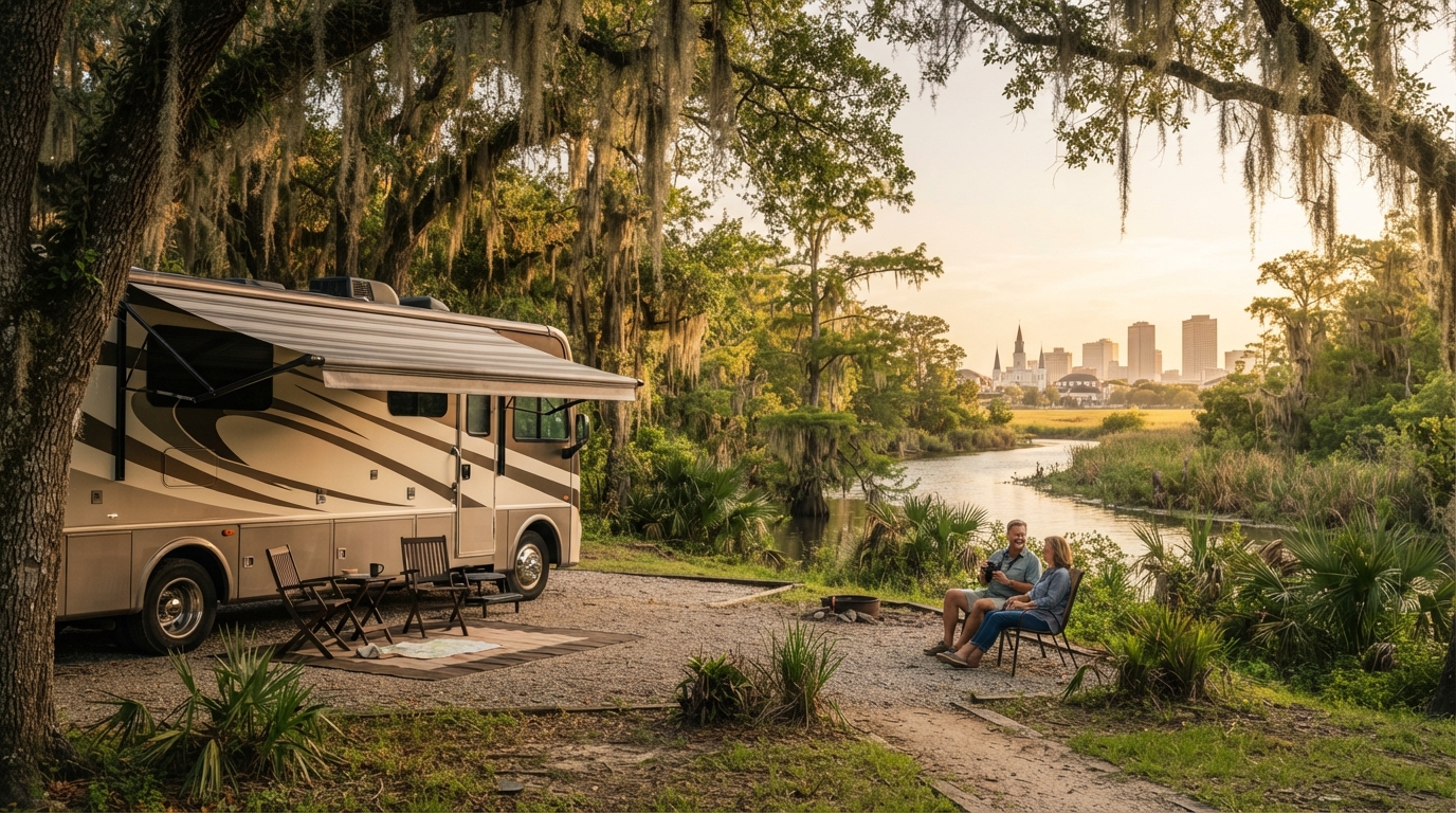 New Orleans to Washington DC Road Trip - From Bayou to Beltway — campground with a motorhome