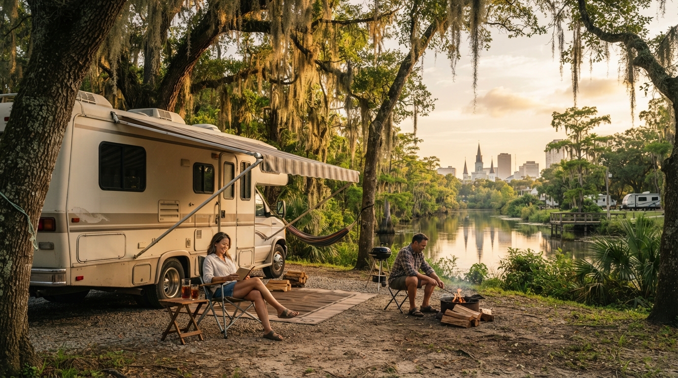 New Orleans to Austin — campground with a motorhome