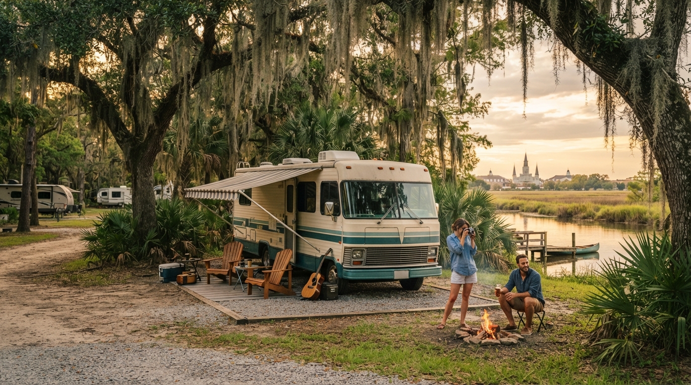 New Orleans to Minneapolis - The Great River Road — campground with a motorhome