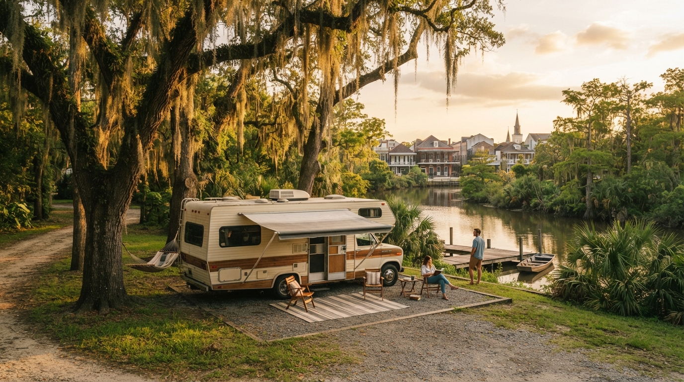 New Orleans to Boston — campground with a motorhome