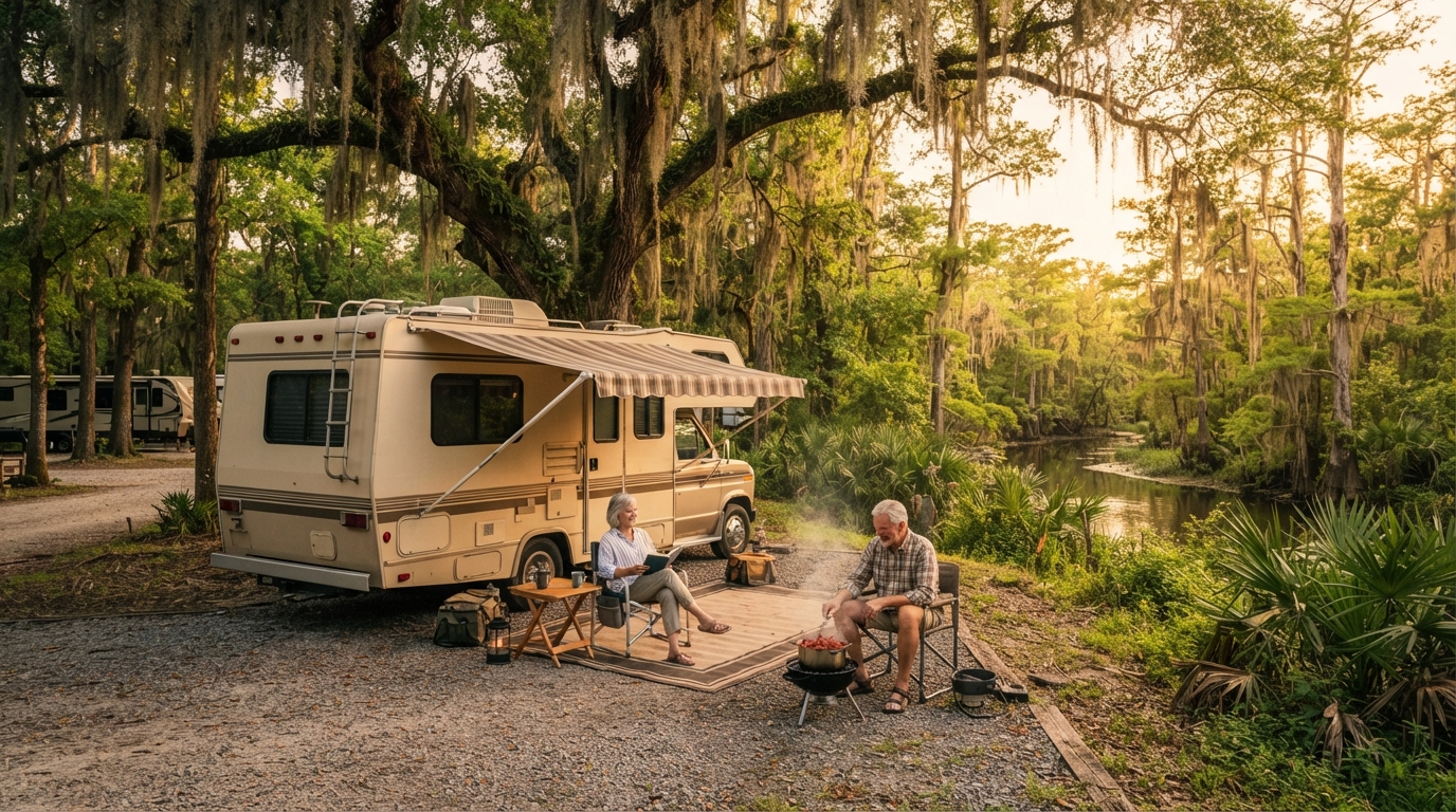 New Orleans to Portland: A Cross-Country Adventure — campground with a motorhome
