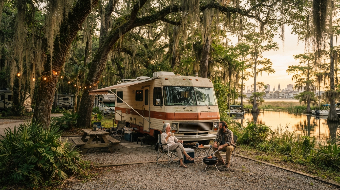 New Orleans to Portland: A Cross-Country Adventure — campground with a motorhome