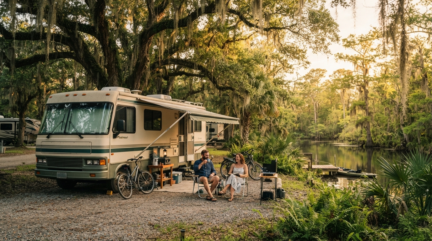 New Orleans to Boston — campground with a motorhome
