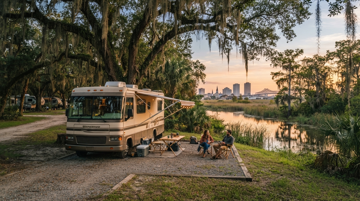 New Orleans to San Francisco - Gulf Coast to Pacific Coast — campground with a motorhome