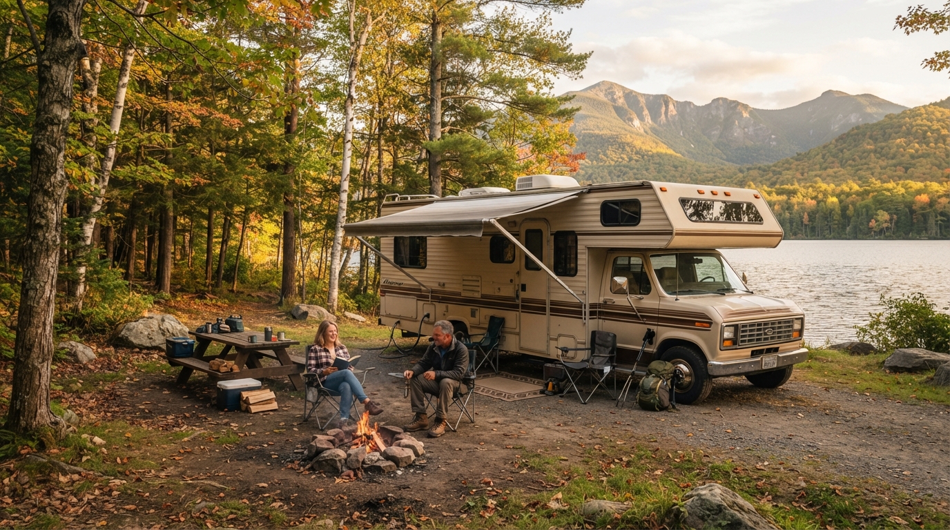 New York to Bozeman - East to Rockies — campground with a motorhome