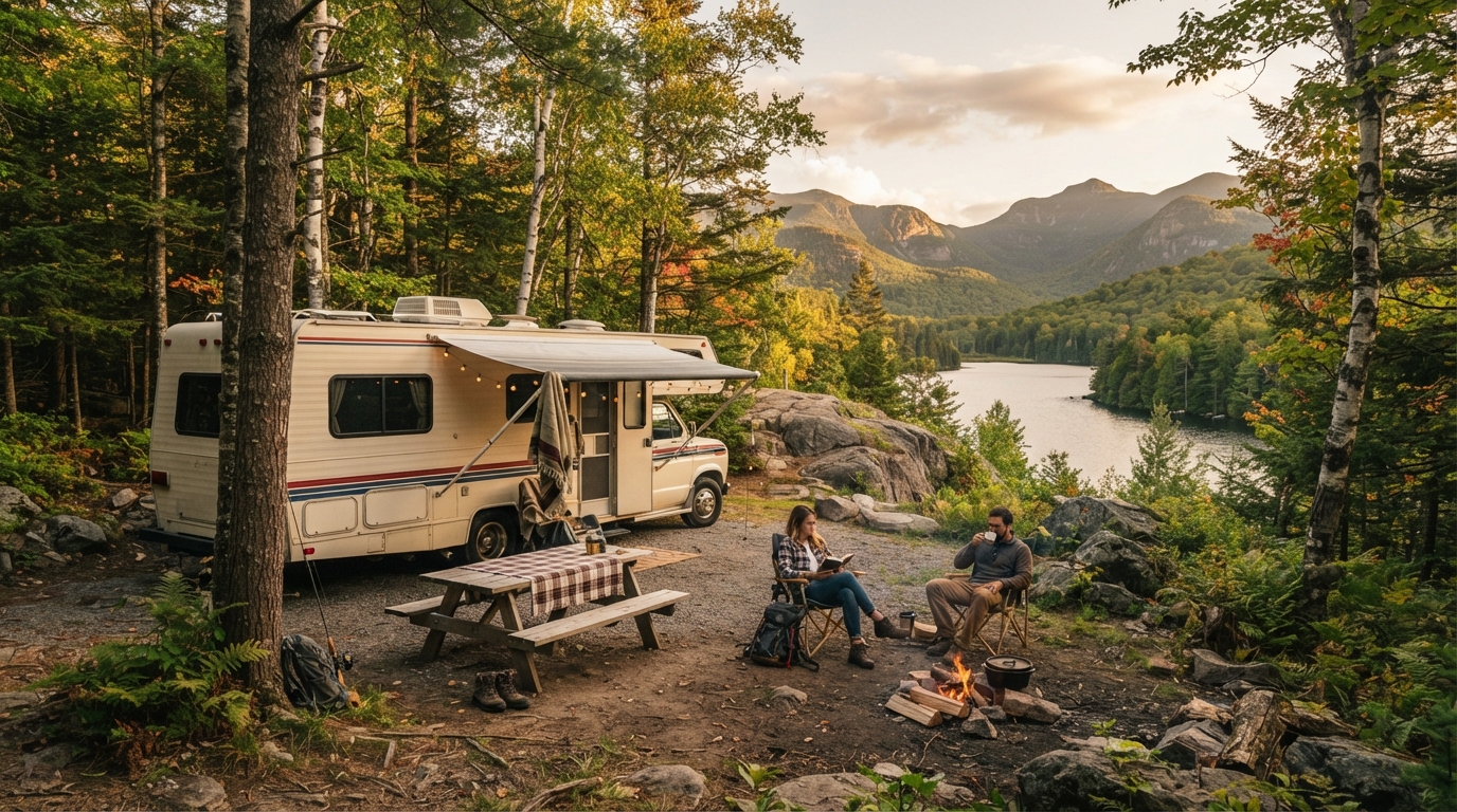 New York to Bozeman - East to Rockies — campground with a motorhome