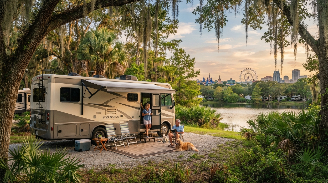 Orlando to Charlotte - Motorhome Journey — campground with a motorhome
