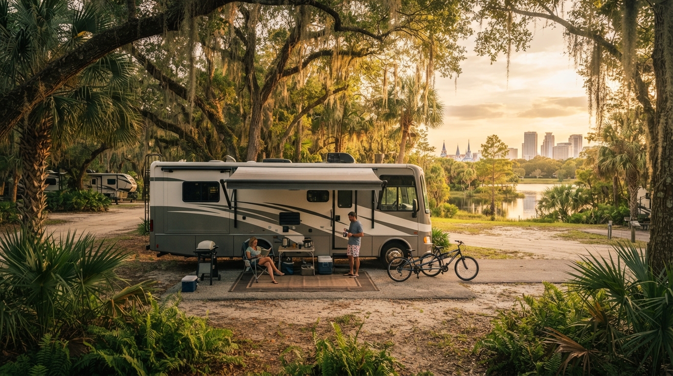 Orlando to Austin: A Taste of the South — campground with a motorhome