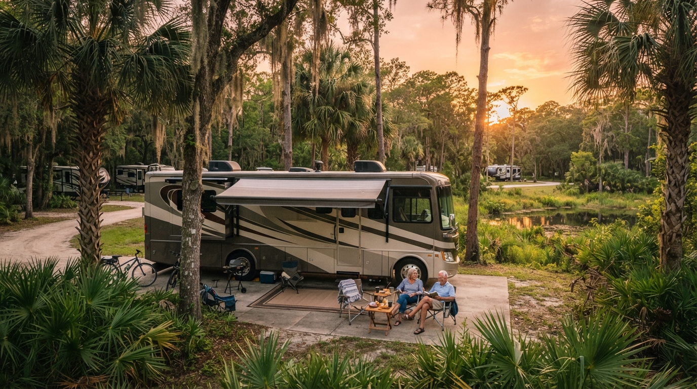 Orlando Roundtrip - Appalachia & Smoky Mountains — campground with a motorhome
