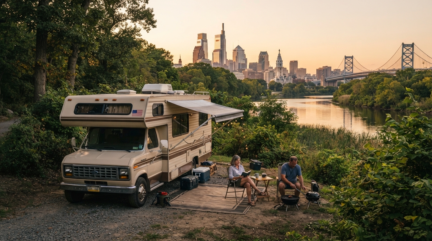 Philadelphia to Atlanta: Eastern RV Expedition — campground with a motorhome