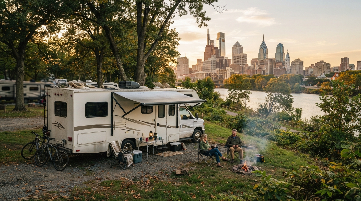 Philadelphia Roundtrip — campground with a motorhome