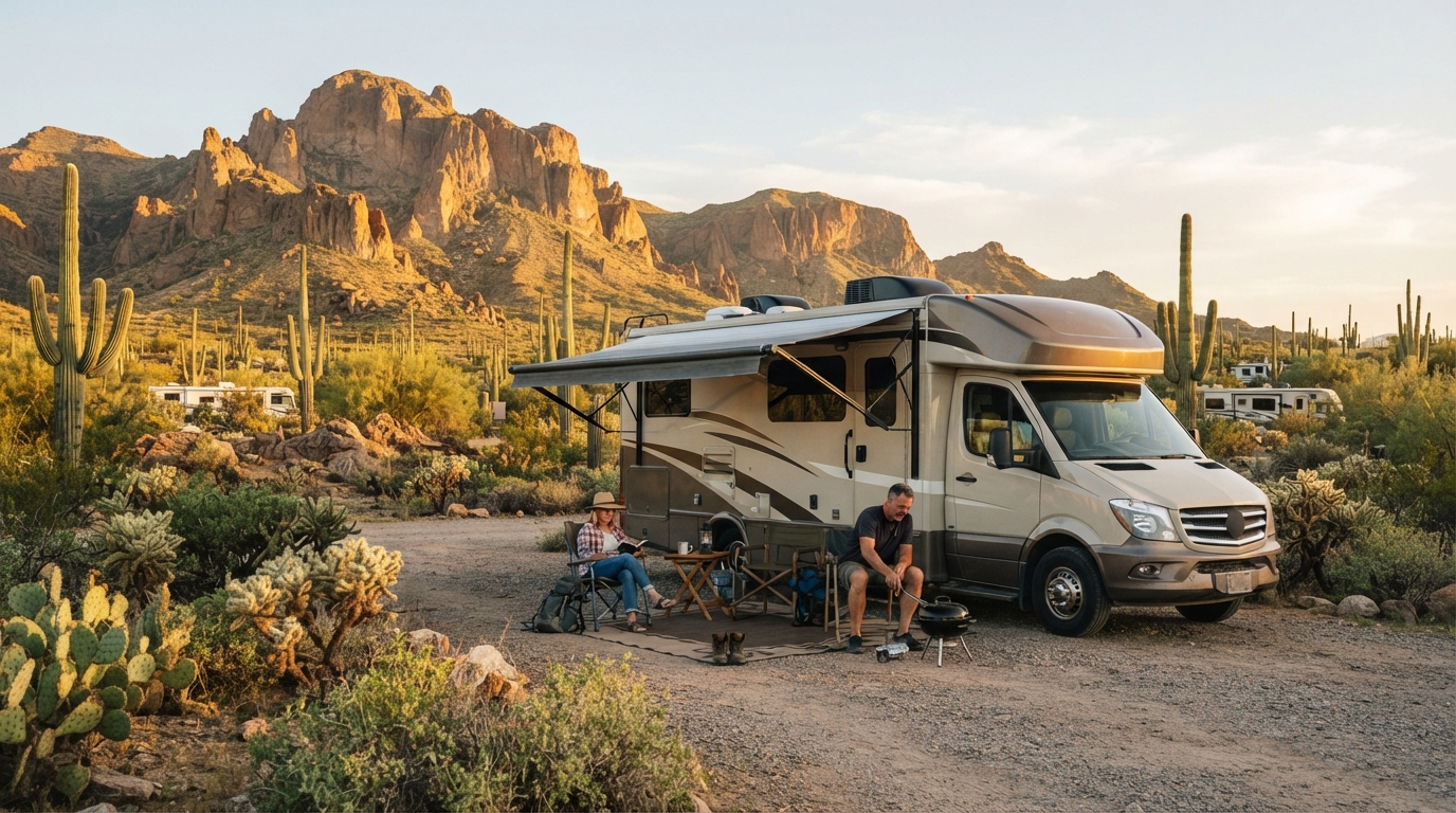 Phoenix round trip - Wild West Shootouts, Volcanoes, and Route 66 — campground with a motorhome