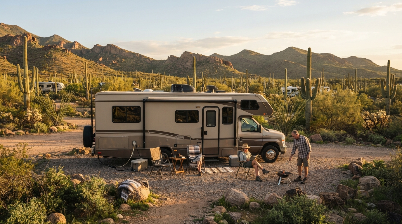 Phoenix to Charlotte — campground with a motorhome