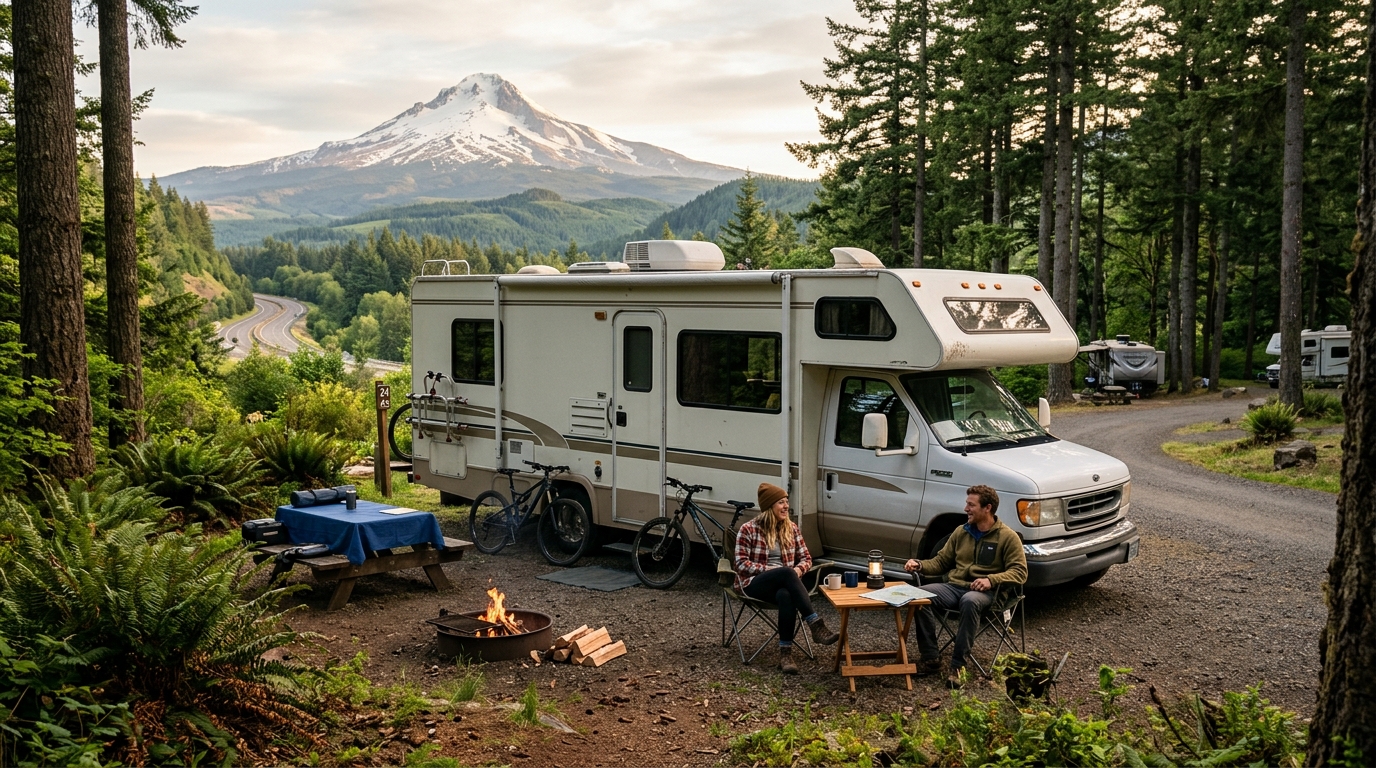 Portland to Charlotte: Roadtrip Adventure — campground with a motorhome