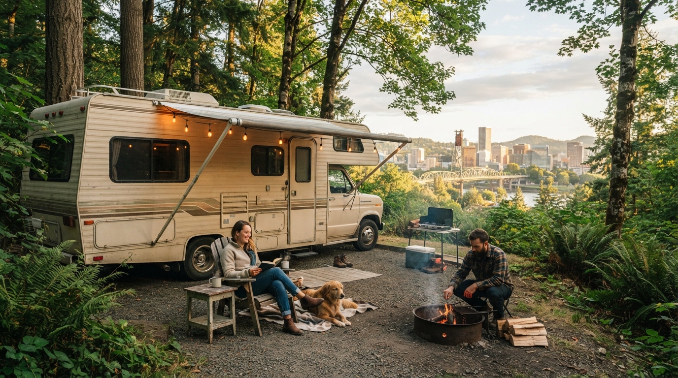 Portland to Denver - Frontier Legacy Odyssey - Including Yellowstone — campground with a motorhome