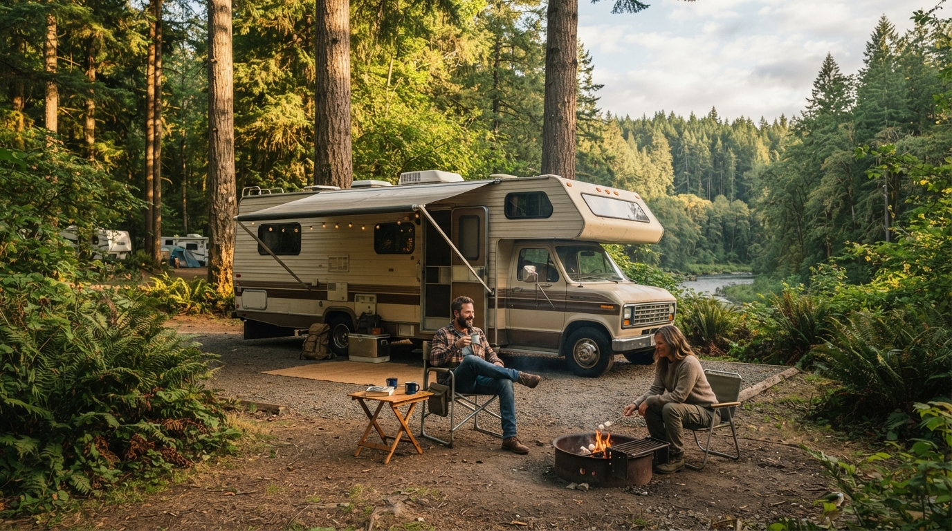 Portland to Bozeman - Cascade to Rockies — campground with a motorhome