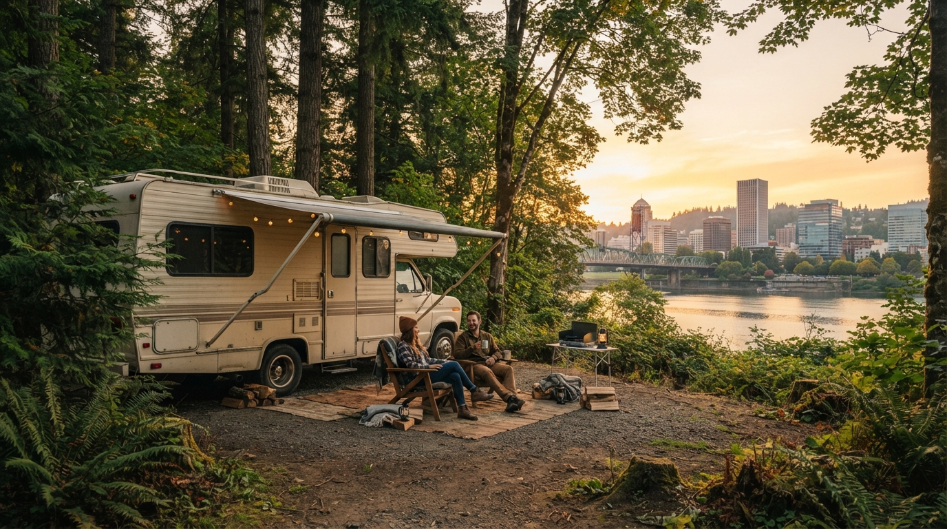 Portland to Houston - From the Pacific Playground to Southern Hospitality — campground with a motorhome