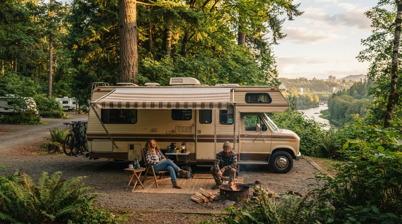 Portland to Miami: A Cross Country Odyssey — campground with a motorhome