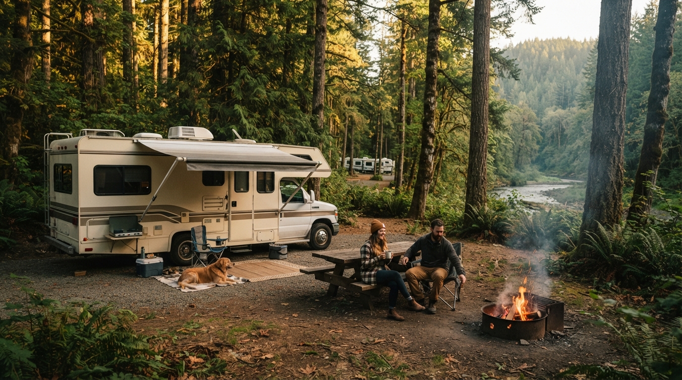 Portland to Washington DC - From Pacific Trails to the Nation's Capital — campground with a motorhome
