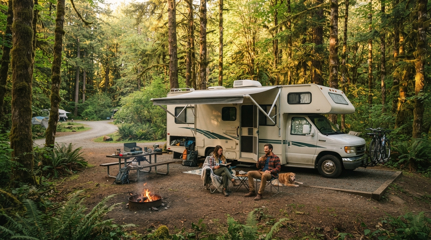 Portland to San Francisco - Redwoods Volcanoes and Wine Country — campground with a motorhome
