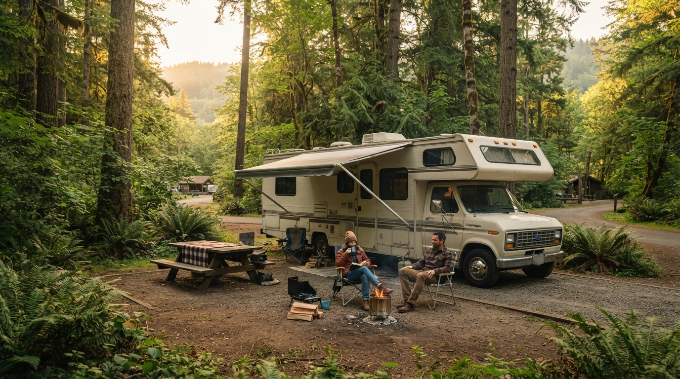 Portland to Salt Lake City (including Yellowstone) — campground with a motorhome