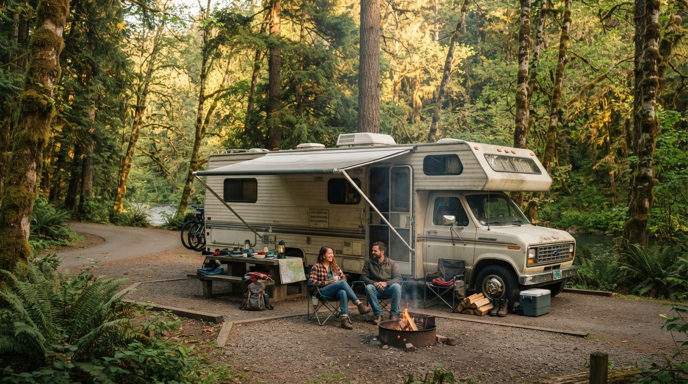 Portland to San Francisco - Redwoods Volcanoes and Wine Country — campground with a motorhome