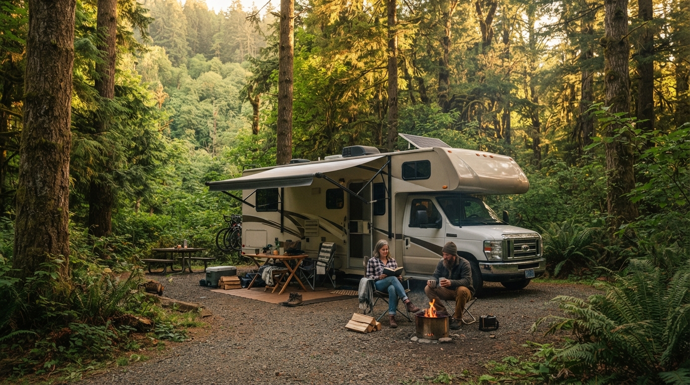 Portland to Salt Lake City (including Yellowstone) — campground with a motorhome