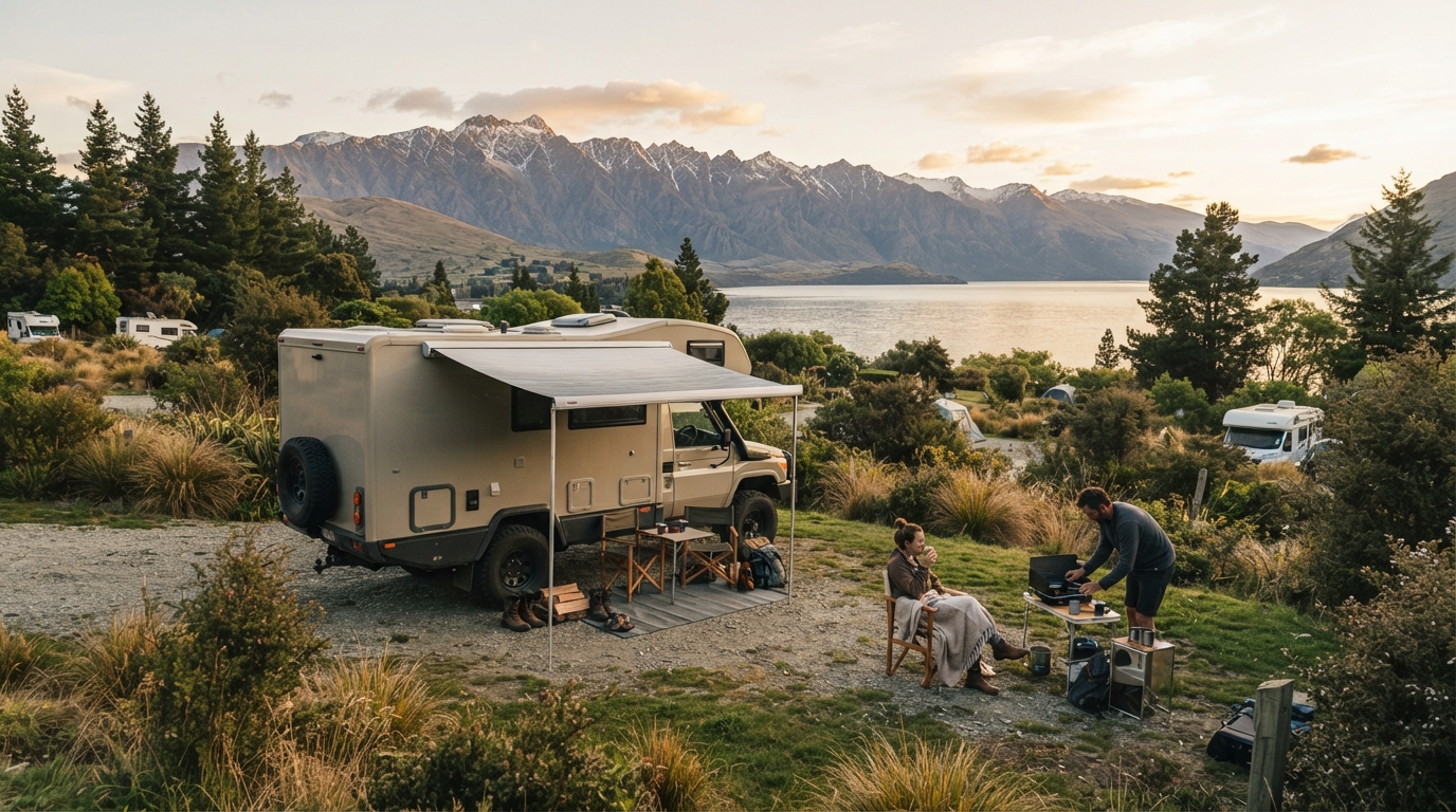 Queenstown to Auckland - The Epic Kiwi West Coast Crossing — campground with a motorhome
