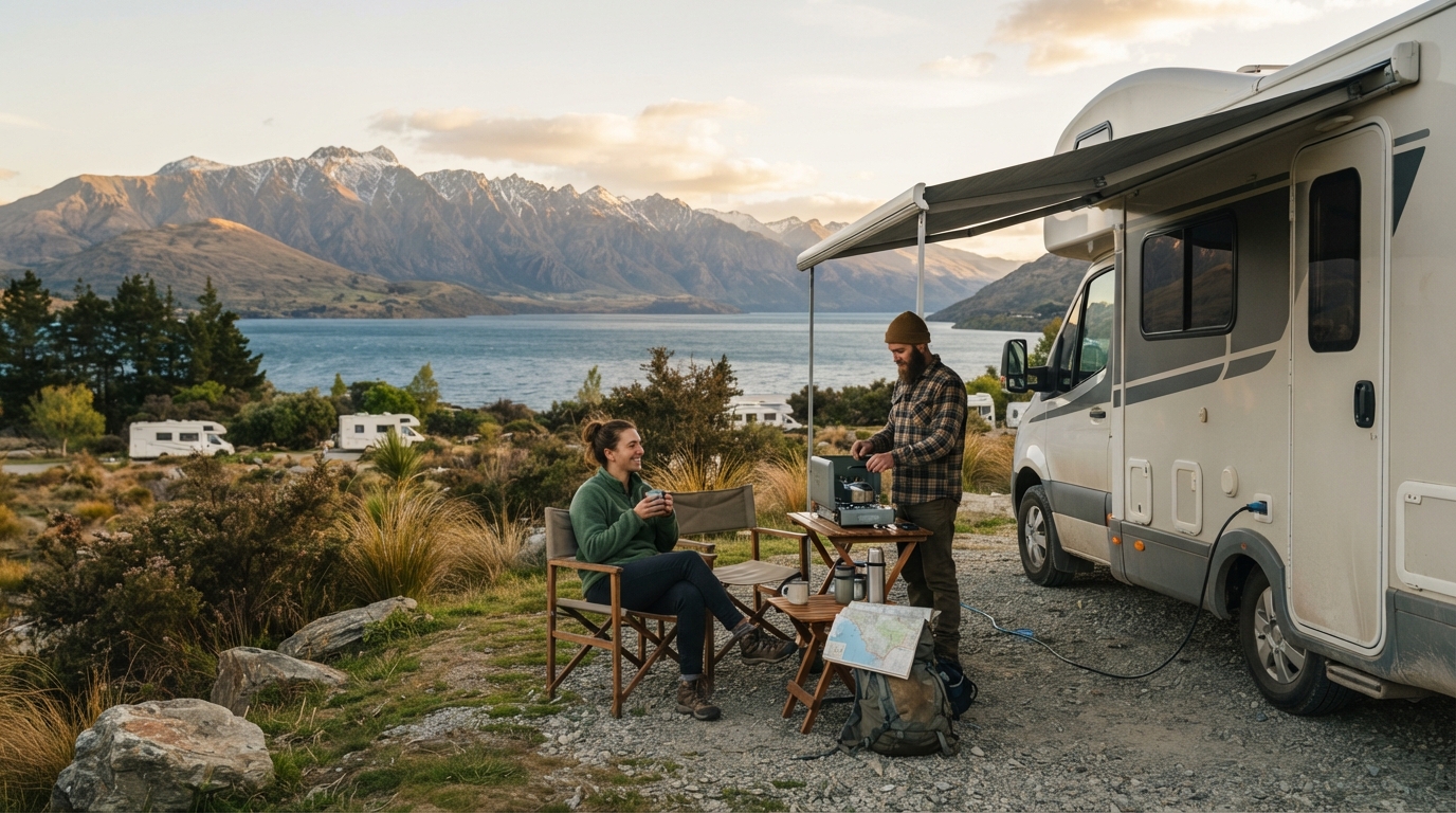 Queenstown to Christchurch — campground with a motorhome
