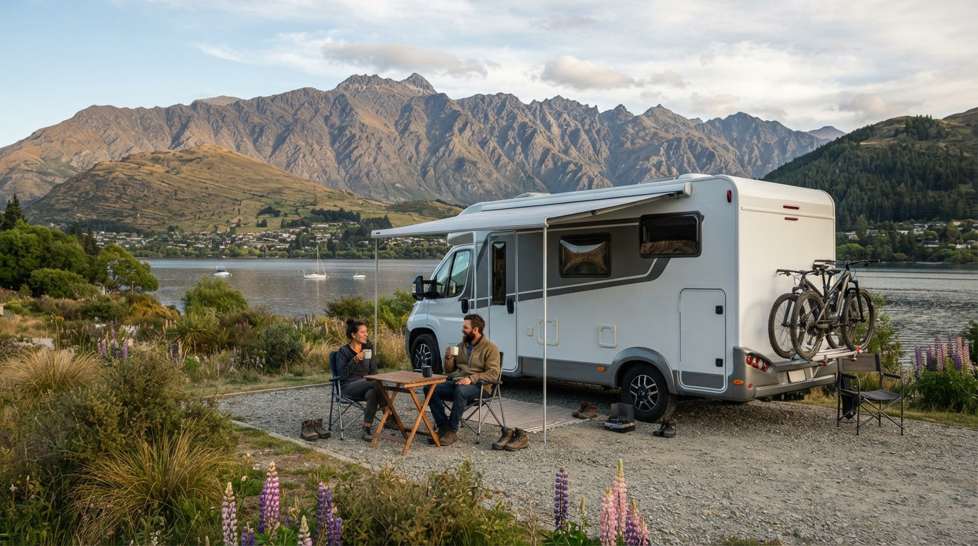 Queenstown Roundtrip — campground with a motorhome