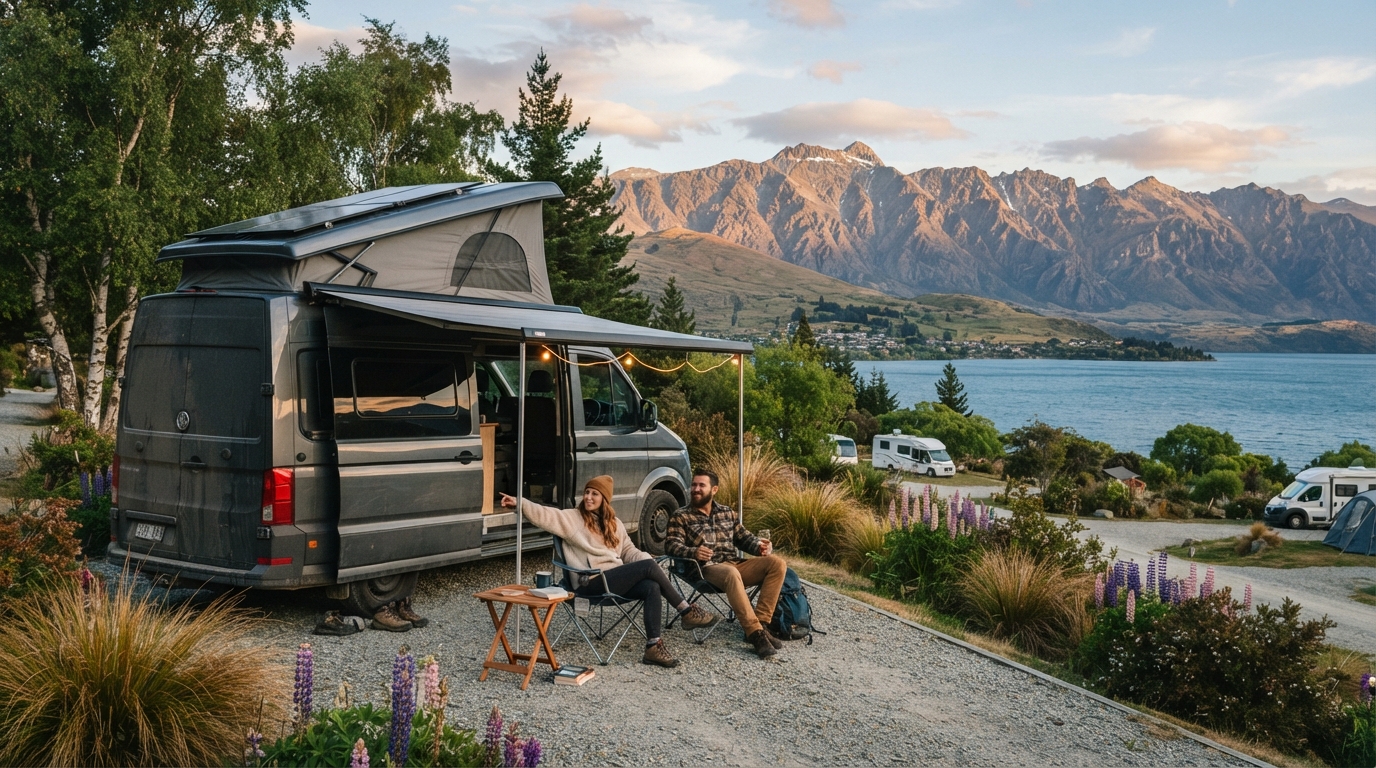 Queenstown to Auckland - The Epic Kiwi West Coast Crossing — campground with a motorhome