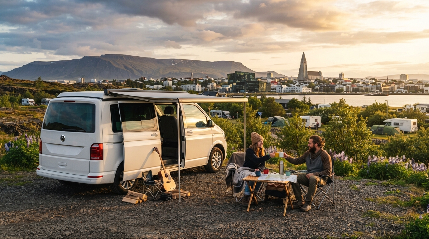 Iceland - North west + South west — campground with a motorhome