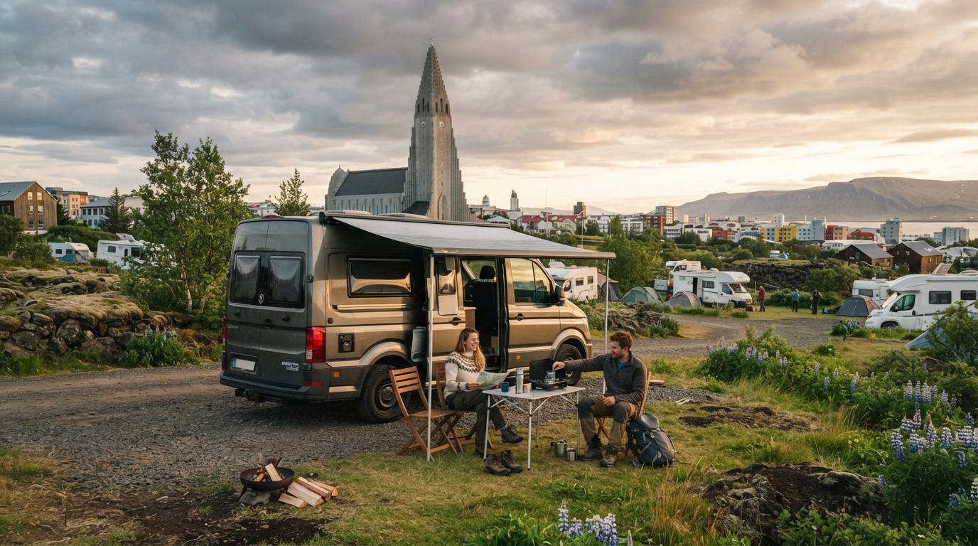Iceland - North east — campground with a motorhome