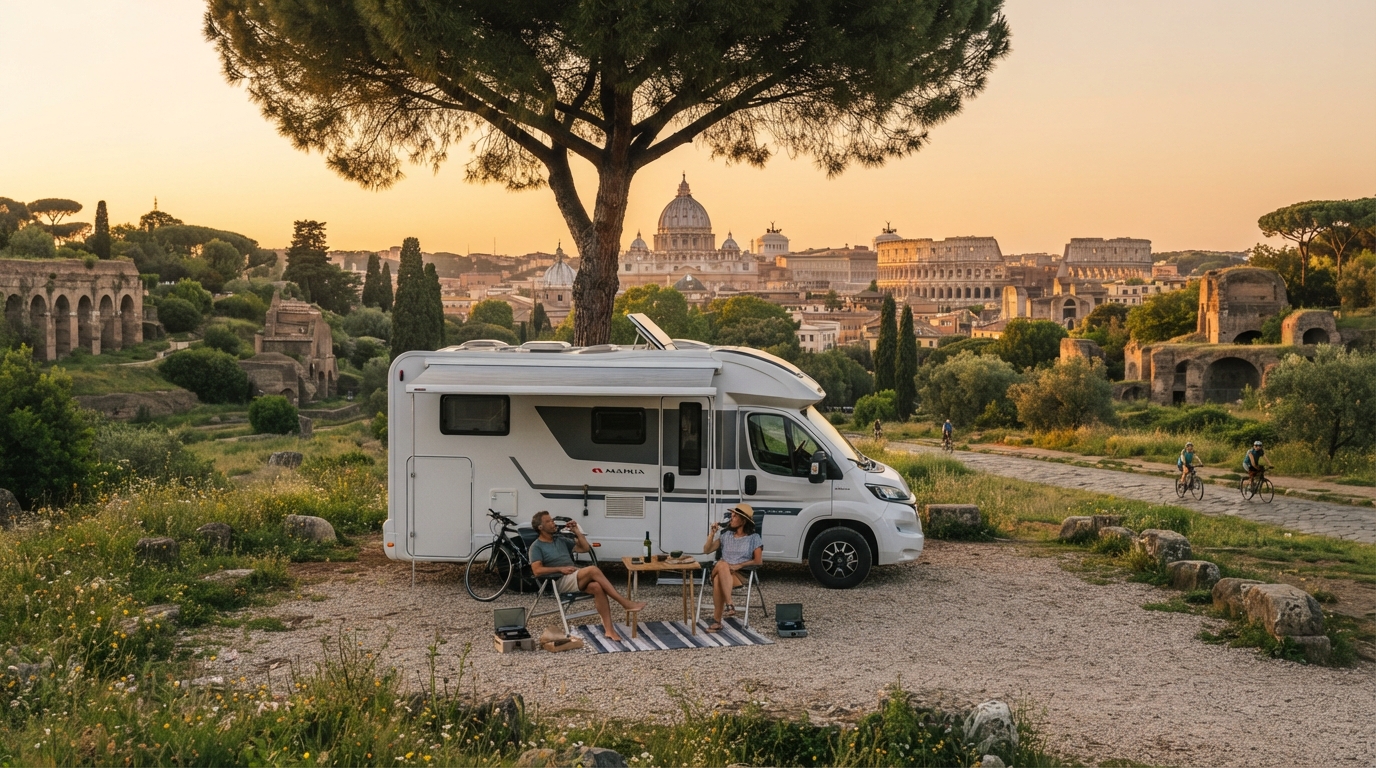 Rome Roundtrip - North East - Toscana, Emilia Romagna, Umbria. — campground with a motorhome