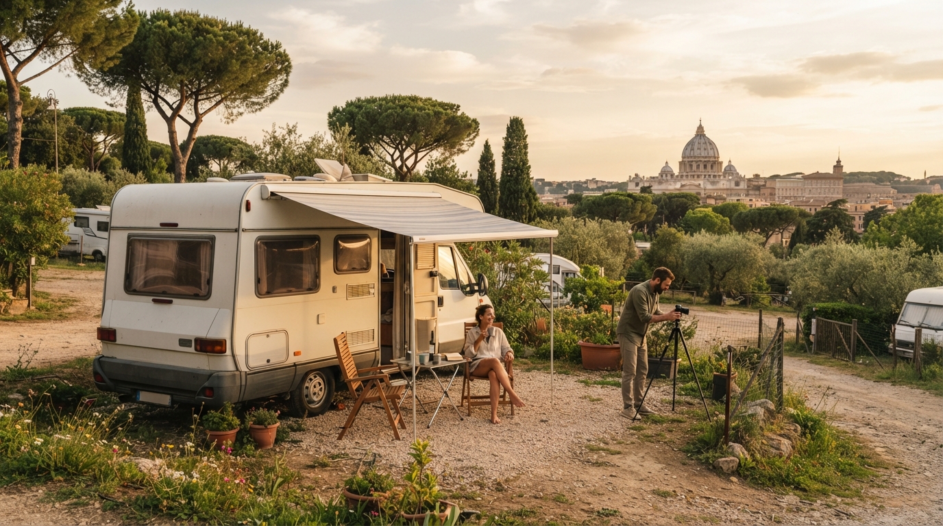 Rome Roundtrip - Heading to the North - La Dolce Vita Expedition — campground with a motorhome