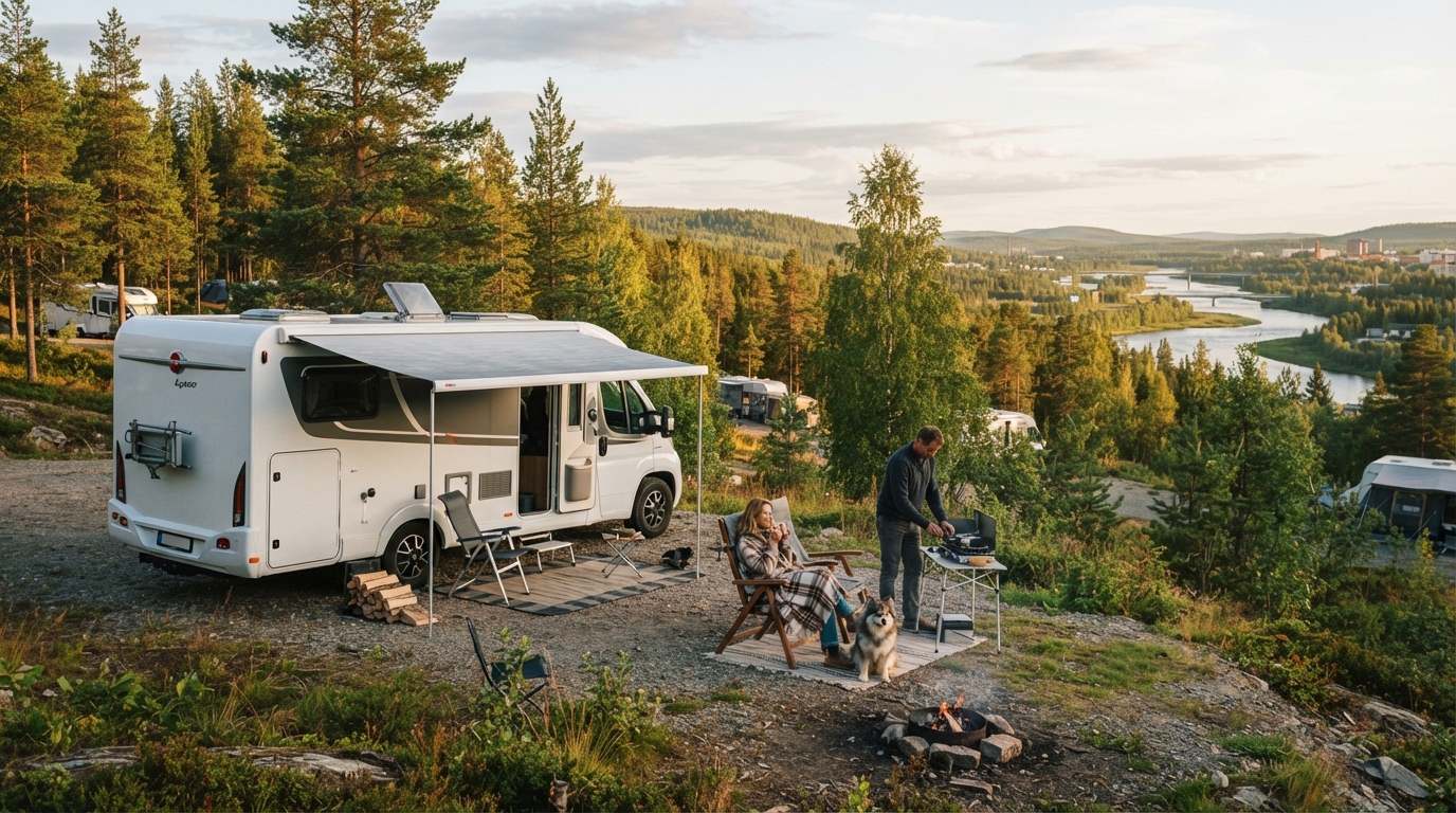 Rovaniemi to Helsinki - The Finnish Frontier Trail — campground with a motorhome