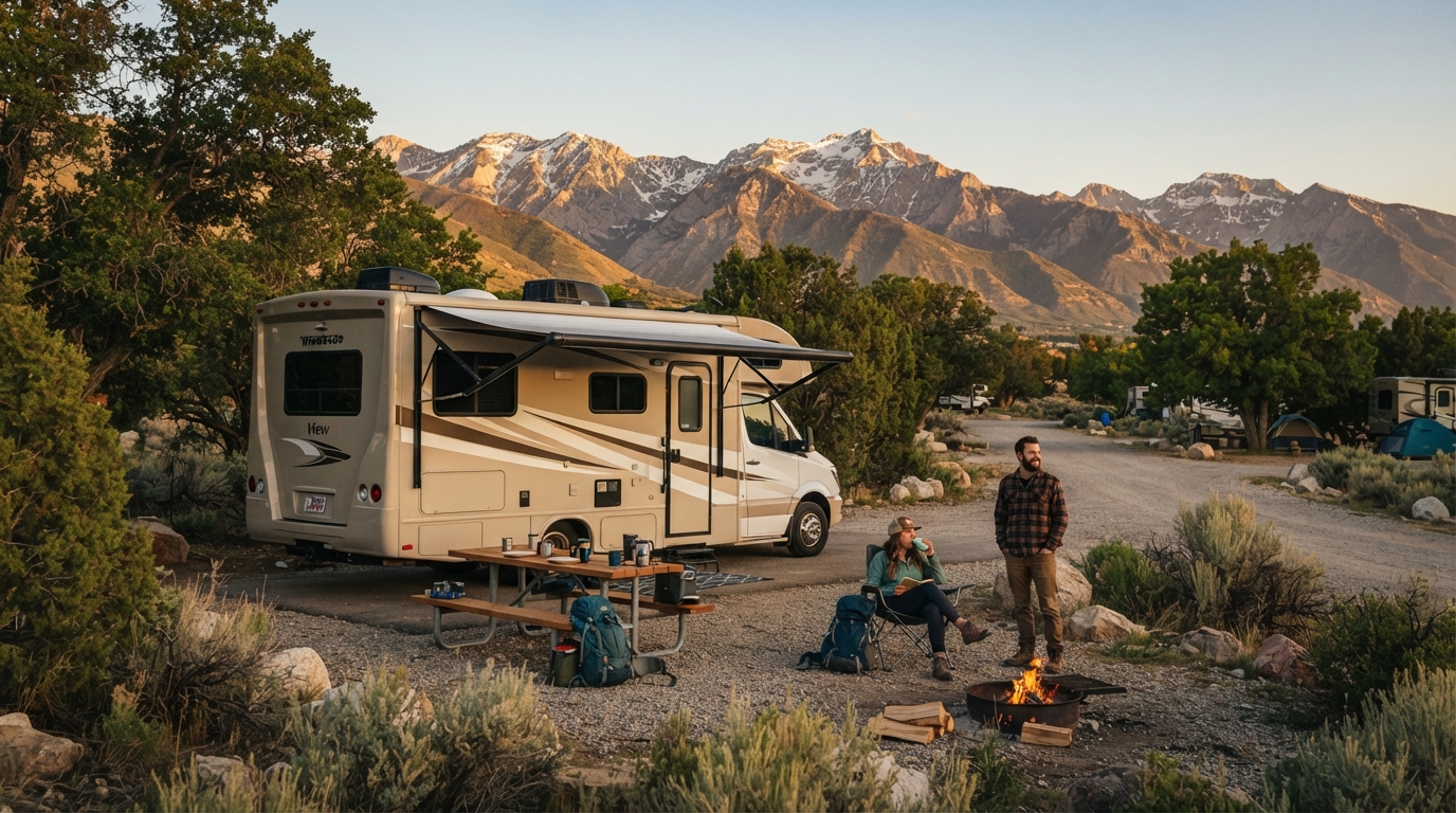 Salt Lake City to Seattle - Towards The Yellowstone and the Canadian Rockies — campground with a motorhome