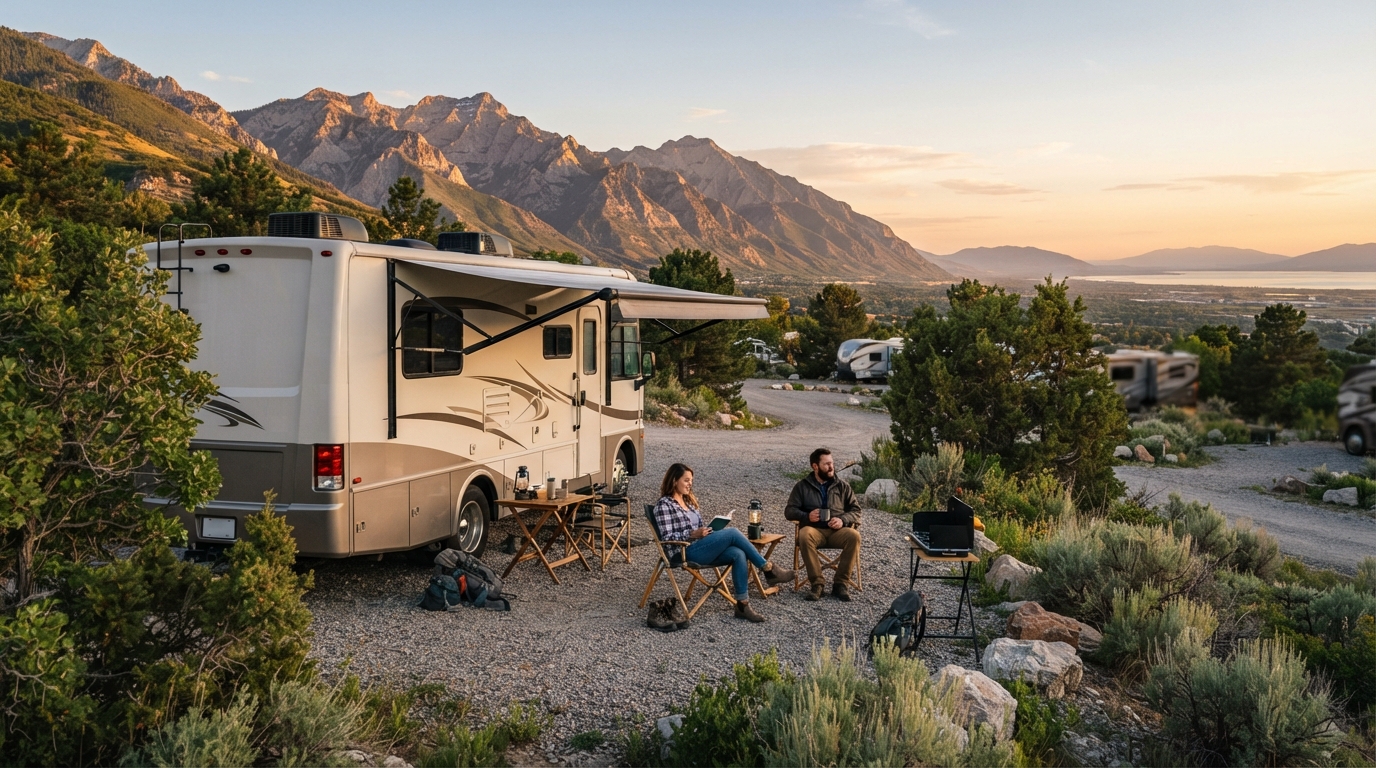 Salt Lake City to Allbuquerque - Including the Yellowstone National Park — campground with a motorhome