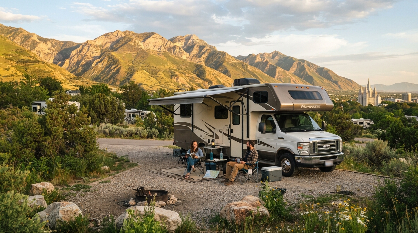 Salt Lake City Roundtrip - Incl. Yellowstone — campground with a motorhome