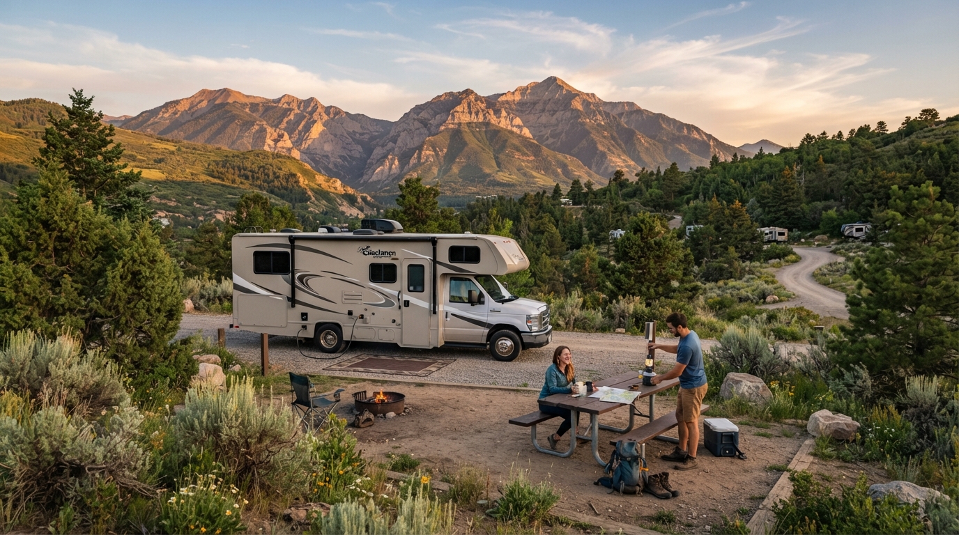Salt Lake City Roundtrip - Incl. Yellowstone — campground with a motorhome