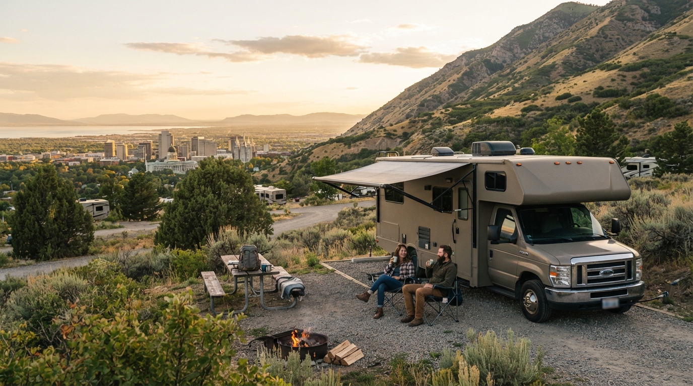 Salt Lake City Roundtrip - Incl. Yellowstone — campground with a motorhome