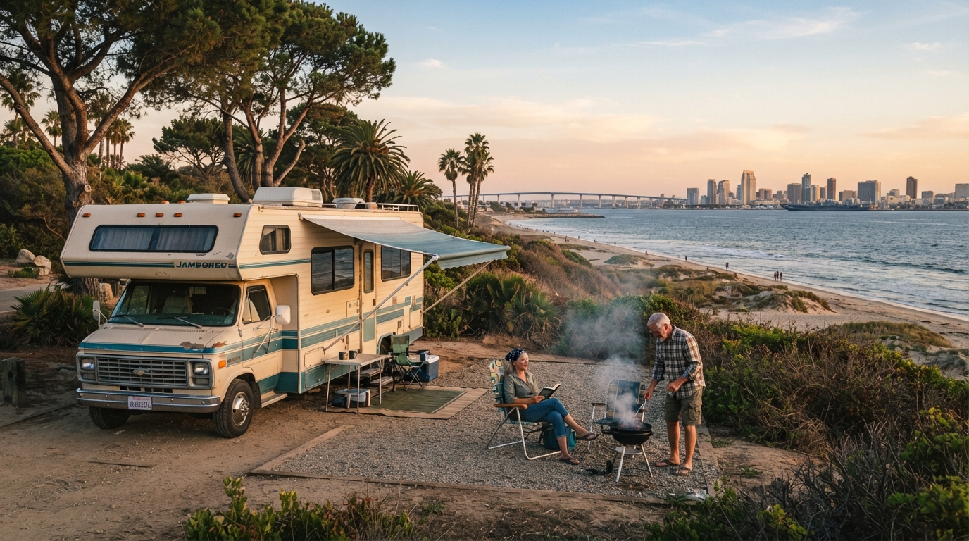 San Diego to Philadelphia - Cross-Country Exploration — campground with a motorhome