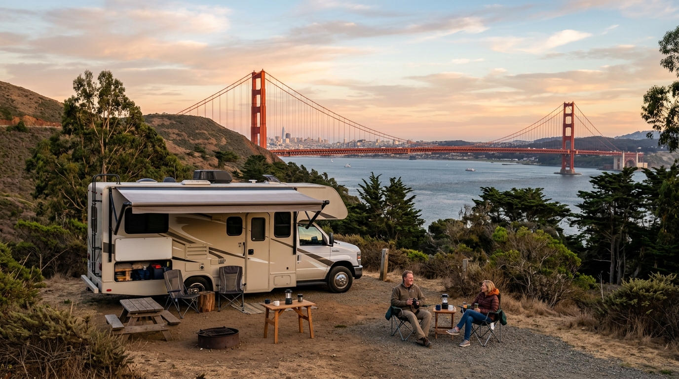 San Francisco to New York - following 1903 first coast-to-coast epic American road trip by Horatio Jackson and Sewall Crocker — campground with a motorhome