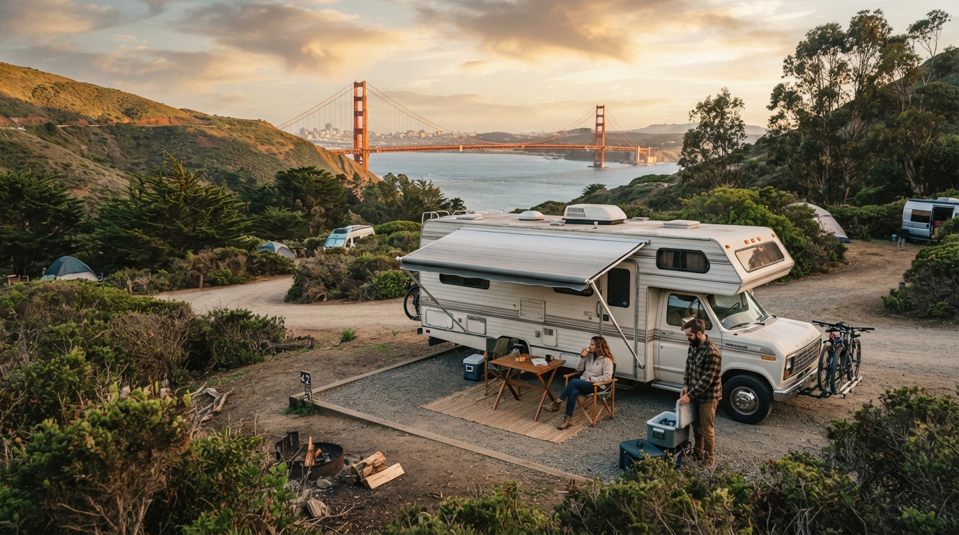 San Francisco to Denver - American West Motorhome Itinerary Including Yellowstone — campground with a motorhome