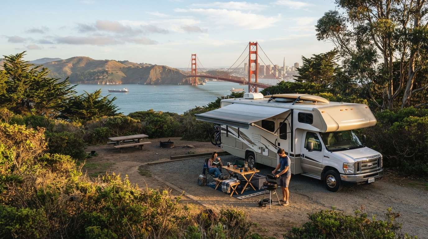 San Francisco to Portland — campground with a motorhome